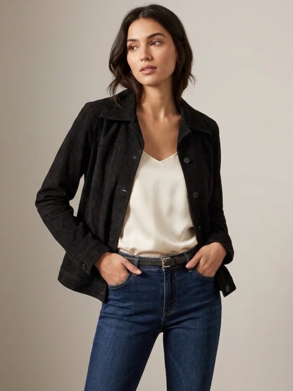 August Silk Jean Jacket in Butter-soft Black Faux Suede Size 10 Ladies Unlined